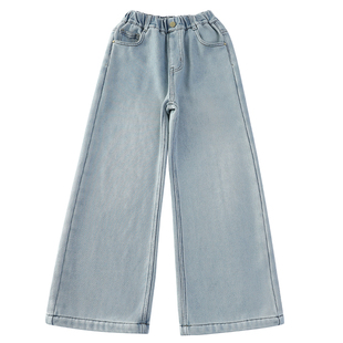 女童加绒裤子秋冬新款童装儿童加厚绒牛仔裤冬季大童一体绒阔腿裤