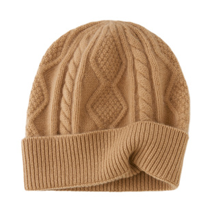 菱形绞花100%纯山羊绒帽女男大头围加厚包头帽保暖针织毛线帽冷帽