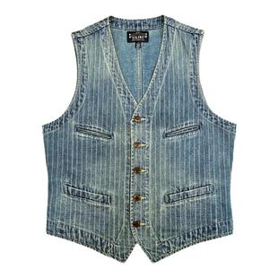 西里布美式复古牛仔条纹马甲背心拔染做旧小众百搭咔叽休闲非rrl