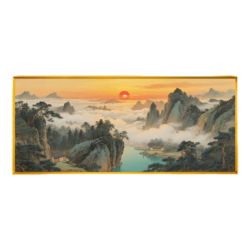 中式山水风景十字绣2025新款线绣客厅满绣日照云海松树全绣挂画