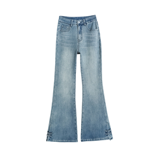 美式开叉微喇牛仔裤女冬季加绒加厚新款紧身提臀弹力修身小喇叭裤