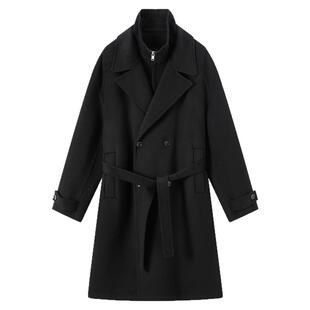 流石男装羊毛呢经典长款大衣2025年冬季新款男士阔版黑色宽松外套