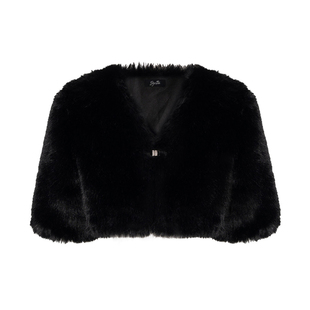 JYOSEI角色原创节日氛围感千金风黑色短款宽松中袖环保皮草女外套