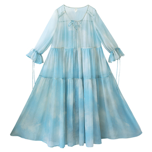 现货【水光潋滟】文艺蓝色晕染连衣裙套装女春季浪漫荷叶边袖口裙