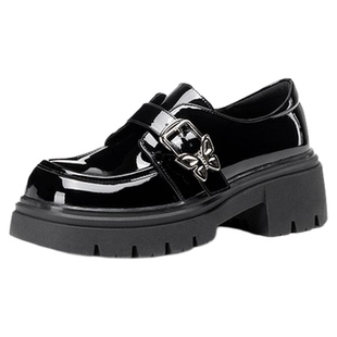 达芙妮厚底乐福鞋女2026新款春季英伦风蝴蝶搭扣小皮鞋黑色单鞋女