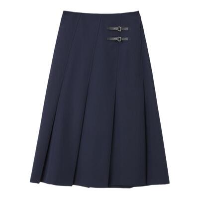 OVV秋冬热卖女装简约时髦斜向百褶皮袢装饰半身裙