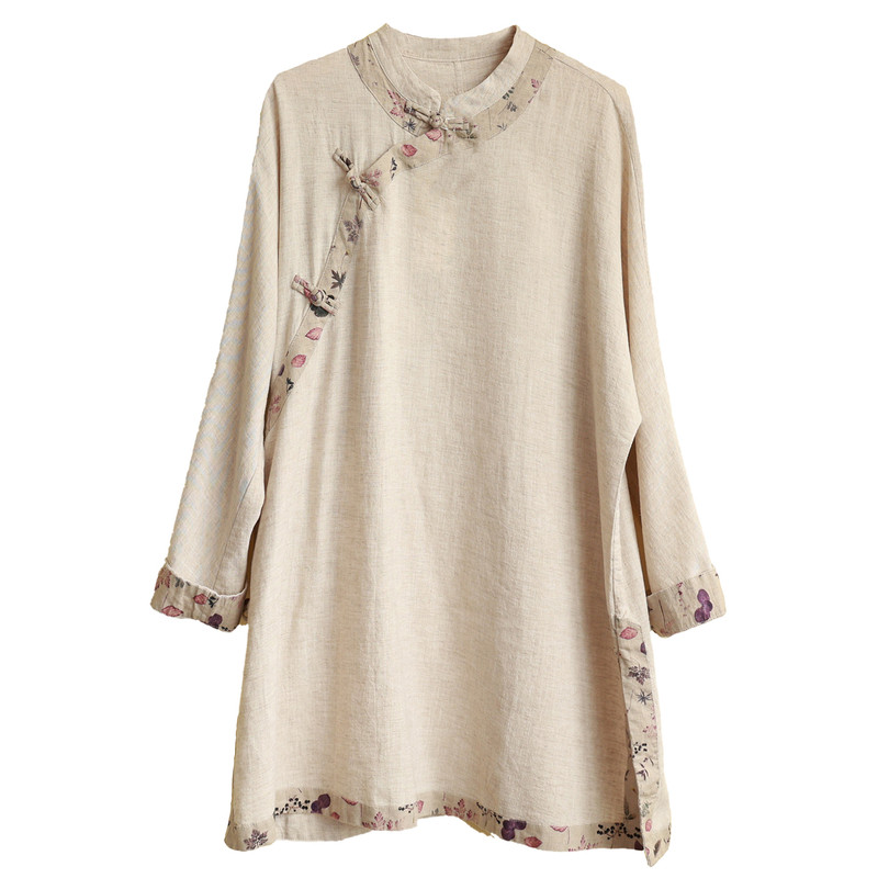 复古民国风亚麻盘扣衬衫女装春夏中长款立领上衣宽松禅意茶服拼接