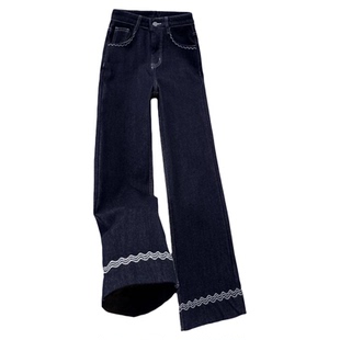 拉夏贝尔加绒八分直筒牛仔裤女秋冬高腰显瘦刺绣设计感九分阔腿裤