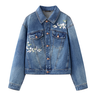 拉夏贝尔/La Chapelle复古刺绣牛仔外套女春季新款小个子宽松上衣