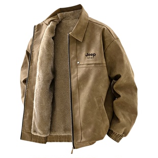 吉普秋冬季皮衣男士2025新款加绒加厚翻领皮夹克高级感机车风外套
