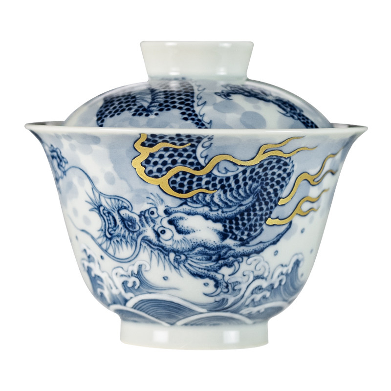 仿古青花鱼化龙描金盖碗
