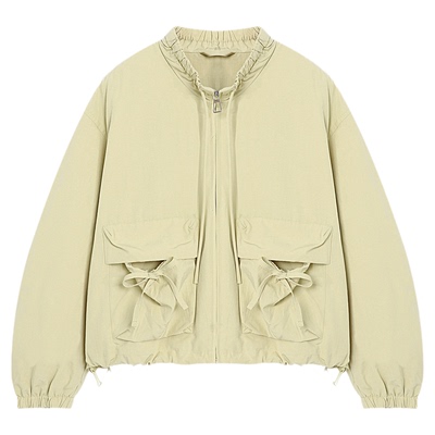 Basic House/百家好米黄色抽绳立领工装夹克女春款口袋宽松外套