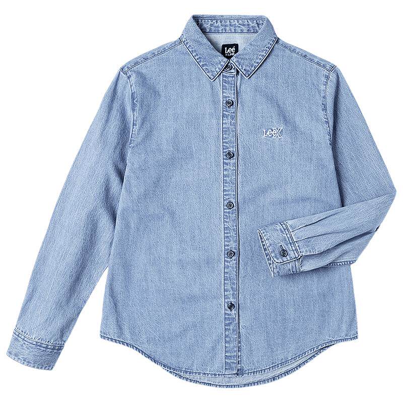 Lee25新品舒适版翻领小刺绣Logo浅蓝色女长袖牛仔衬衫休闲潮流