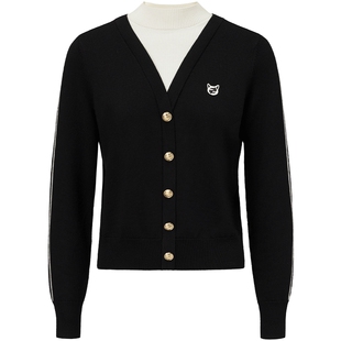 FF仿佛冬季新款黑色针织衫女假两件羊毛V领修身上衣设计感