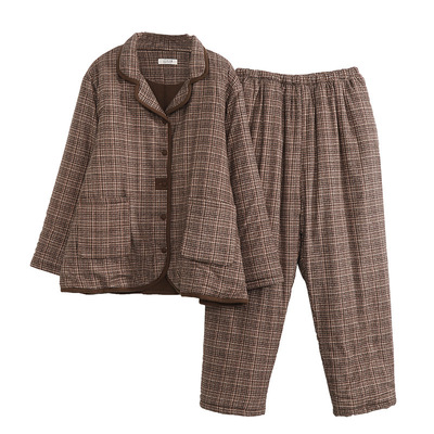 冬季三层夹棉睡衣女里外层纯棉加厚格子家居服大码胖mm200斤棉袄