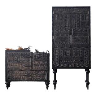 美式黑色鞋柜复古斗柜餐边柜现代雕花木制家具ins轻奢入户玄关柜