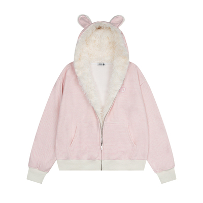 甜酷慵懒加绒条纹耳朵连帽外套