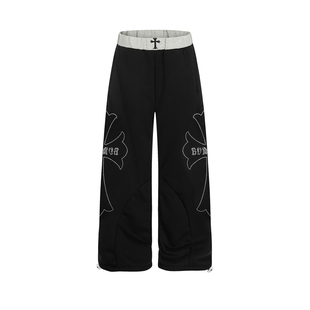 DARKAGE美式复古烫钻十字架秋冬加绒直筒休闲裤女宽松阔腿长裤子