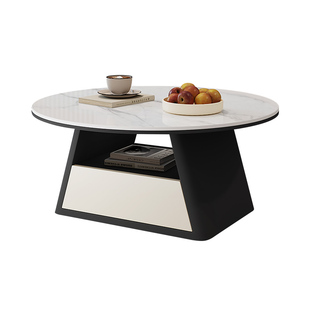意式极简圆形茶几组合客厅家用小户型岩板茶几高级感小圆桌奶油风