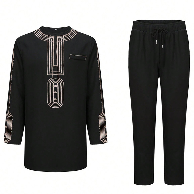 非洲民族风刺绣男士套装长袖两件套传统服饰黑色African Outfit