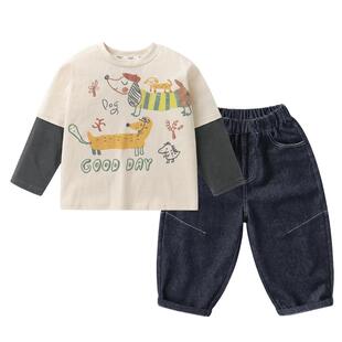 右欧儿童打底衫牛仔裤两件套春秋季新款童装男童女童卡通休闲套装