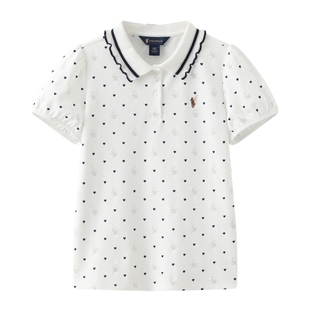POLOWALK童装新品夏季女童短袖T恤白色翻领T恤爱心印花上衣可爱
