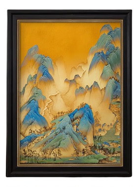 千里江山图纯手绘油画客厅装饰画中古风入户玄关挂画中式靠山壁画