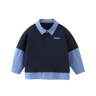 [学院风]齐齐熊宝宝户外t恤长袖春秋款假两件男童polo衫儿童春装