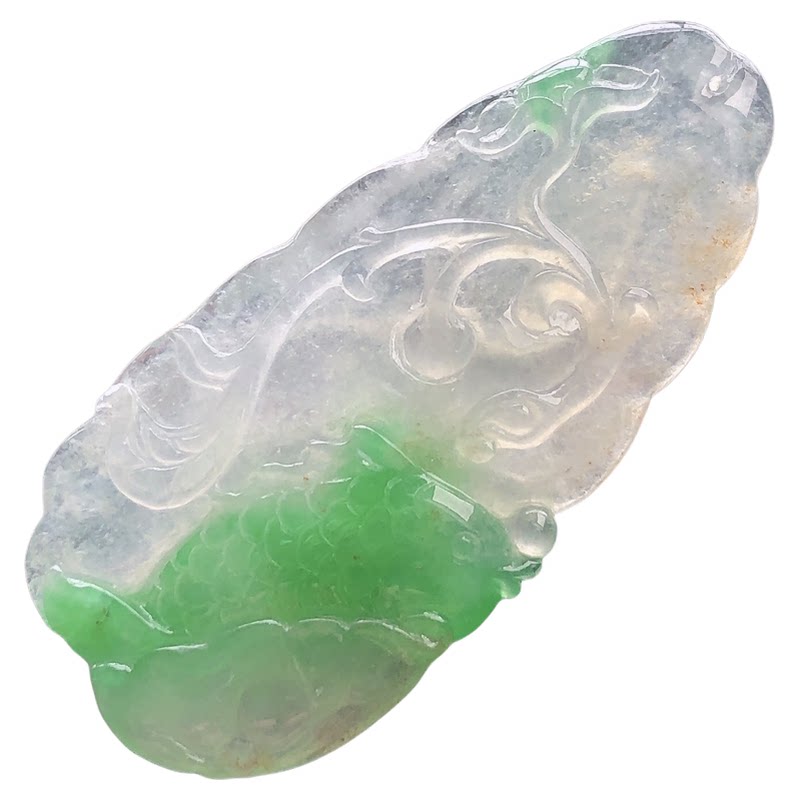 缅甸纯天然翡翠A货飘阳绿荷叶鱼