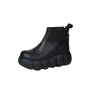 真皮厚底短靴女秋冬新款头层牛皮松糕底后拉链坡跟加绒保暖马丁靴