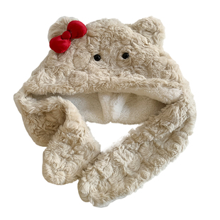 可爱蝴蝶结小熊帽子围巾一体女2025年秋冬季保暖毛绒帽护耳雷锋帽