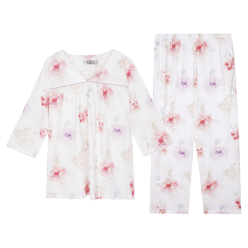 美标睡衣女夏妈妈100%全棉短袖七分袖印花v领甜美优雅家居服薄款