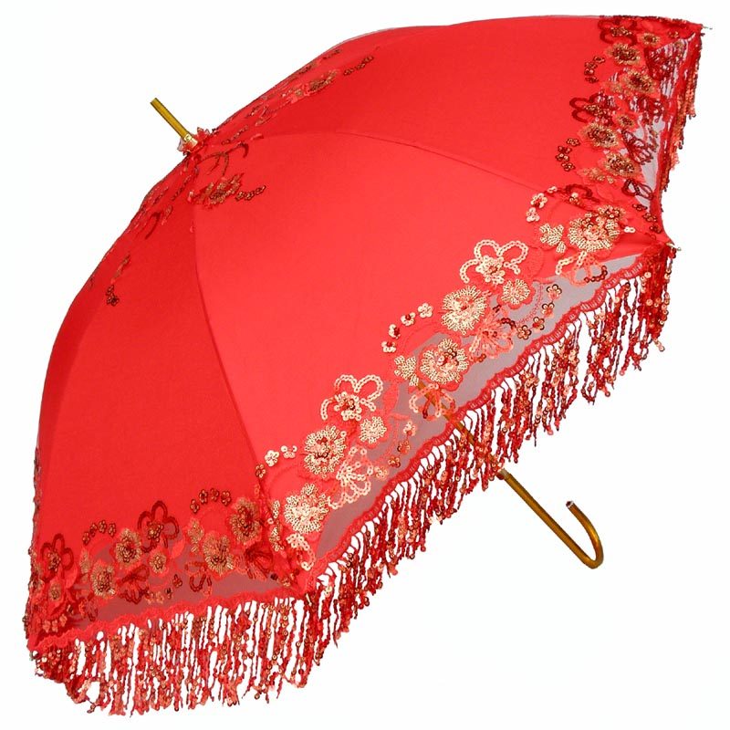 长柄流苏新娘红伞双层刺绣晴雨伞
