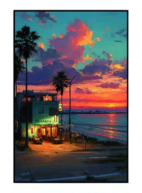 宫崎骏治愈系风景挂画海边小屋街道日落日系客厅玄关卧室装饰画