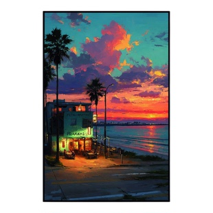 宫崎骏治愈系风景挂画海边小屋街道日落日系客厅玄关卧室装饰画