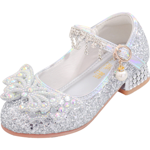 公主鞋女童春秋新款高跟礼服单鞋儿童走秀舞台表演银色皮鞋水晶鞋
