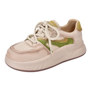 四起哥2026春秋新款头层牛皮休闲鞋拼色厚底德训鞋女系带休闲运动