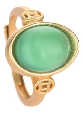 新款铜镀金指环复古宫廷汉服配饰中国风古典镶嵌绿玉髓元宝戒指女