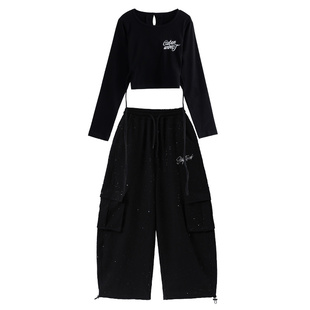 女童jazz爵士舞演出服女孩露脐长袖工装裤舞台走秀服街舞现代舞服