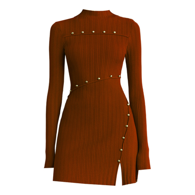 DPLAY2025年冬季新款焦糖色连衣裙女法式修身短款好看针织连衣裙