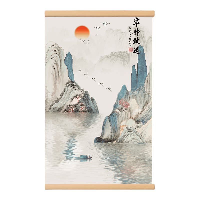 新中式竖版山水实木卷轴画