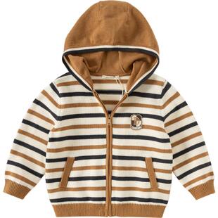 戴维贝拉童装男童纯棉外套儿童条纹针织衫春装宝宝连帽开衫毛衣