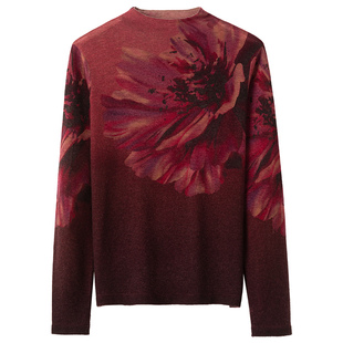 旺秋立领水墨印花水溶羊毛衫女秋冬优雅修身针织保暖轻奢打底毛衣