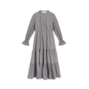 紫涵黑白格纹收腰连衣裙女秋季新款甜美日系简约花边长袖立领长裙