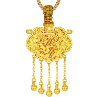 潮宏基传家宝天子门生长命锁黄金项链古法黄金吊坠足金套链计价