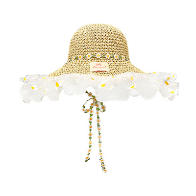 小雏菊蕾丝花边草帽女夏季大帽檐
