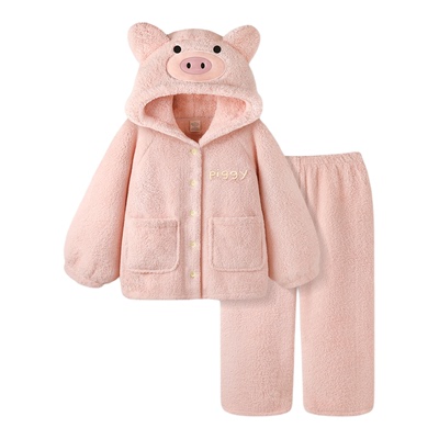 珊瑚绒睡衣冬季可爱小猪保暖套装