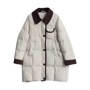 高品质欧货90绒翻领羽绒服女中长款加厚气质拼接小个子宽松冬外套