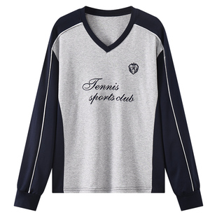 库恩玛维泽西风拼接长袖T恤女2025年秋季新款潮流高街v领打底上衣