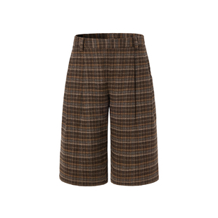 LEDIM WANG复古学院风羊毛格纹中裤女2025秋冬新款棕色百搭休闲裤